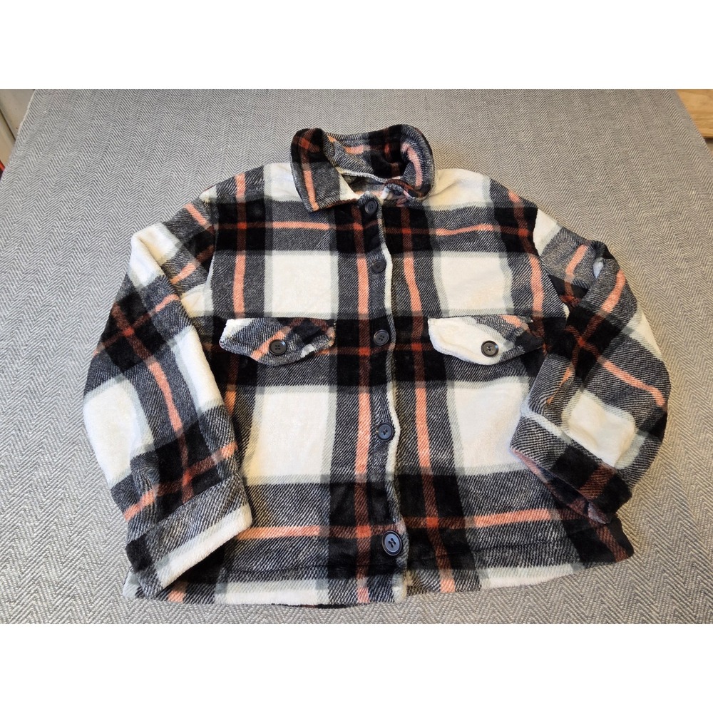 SHEIN Shacket Jacket Womens M Black White Plaid Fleece Long Sleeve Button Down